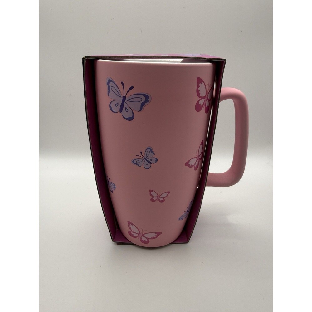 Delilah Jane Pink Butterfly TravelCoffee Mug Large Ceramic Floral Gift Cup w Box